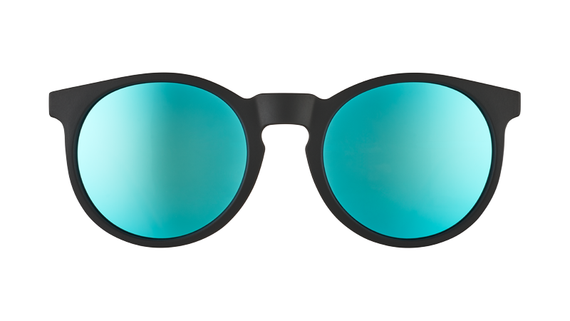 Midnight Ramble at the Circle Bar | goodr sunglasses with black round frames and reflective blue lenses.