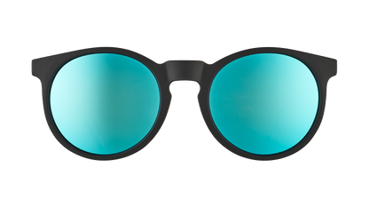 Midnight Ramble at the Circle Bar | goodr sunglasses with black round frames and reflective blue lenses.