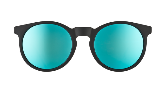Midnight Ramble at the Circle Bar | goodr sunglasses with black round frames and reflective blue lenses.