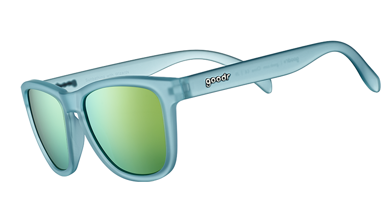 goodr Sunbathing with Wizards sunglasses: frosted light blue frame, bright green mirrored lenses.