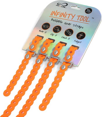 MODL Infinity Tools 4-Pack orange buildable gear straps on retail packaging, showing wear, clip, cinch, fidget functions.