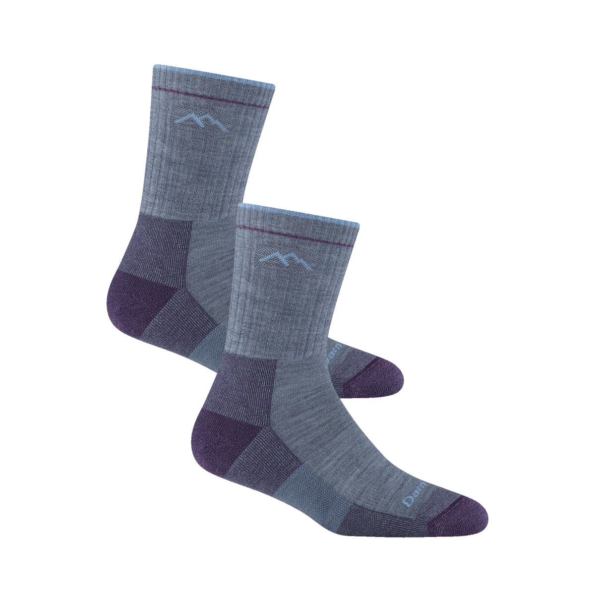 Darn Tough Women's Hiker Micro Crew Socks in grey, purple, and blue colors, with mountain logo detail.