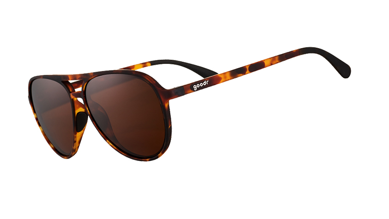 Amelia Earhart Ghosted Me goodr aviator sunglasses with tortoise shell frames and brown lenses.