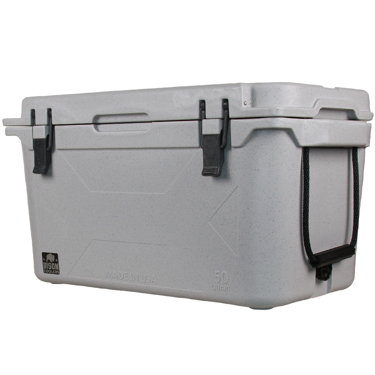 50 QT Bison Cooler in light grey, speckled design with black latches and rope handle, made in USA.