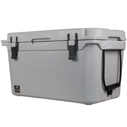 50 QT Bison Cooler in light grey, speckled design with black latches and rope handle, made in USA.