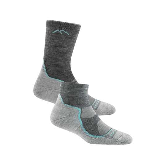 Darn Tough women's grey Light Hiker Micro Crew and crew socks with blue accents for comfort and durability.
