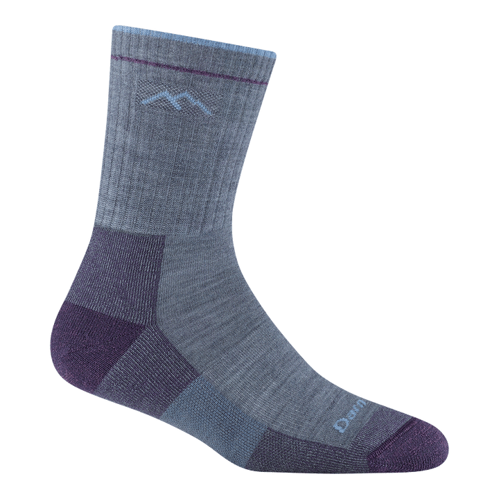 Darn Tough Women's Hiker Micro Crew Socks in gray with purple heel/toe and light blue accents.