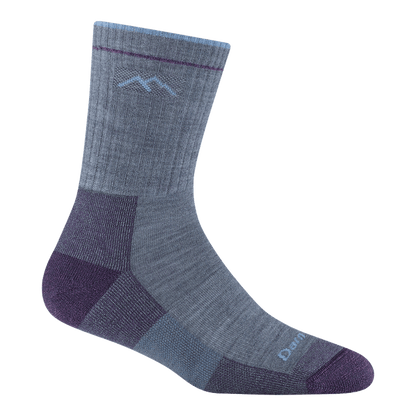 Darn Tough Women's Hiker Micro Crew Socks in gray with purple heel/toe and light blue accents.