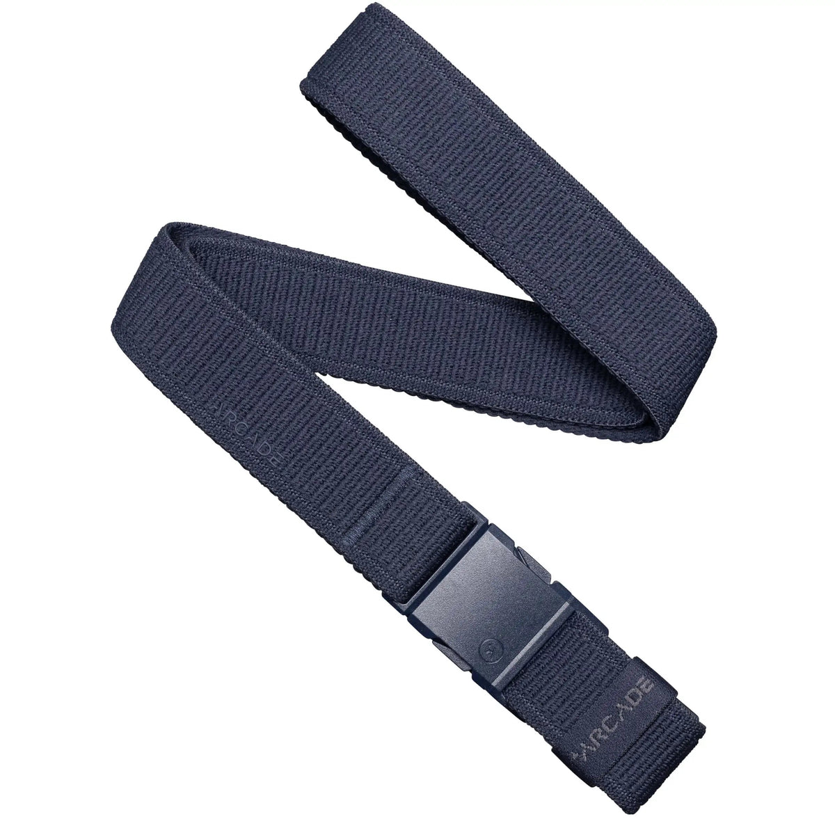 Out of Range Stretch Belt from Arcade Belts in dark blue with a black plastic buckle, laid out on a white background