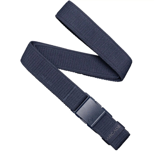 Out of Range Stretch Belt from Arcade Belts in dark blue with a black plastic buckle, laid out on a white background