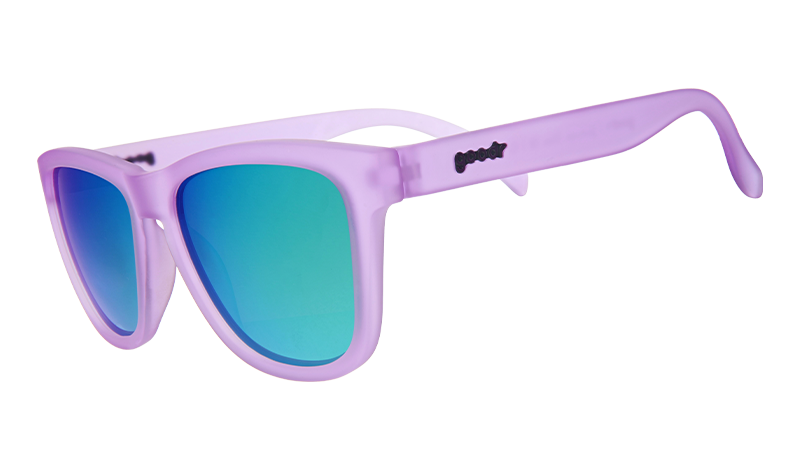 Lilac It Like That!!! goodr sunglasses with frosted purple frames and reflective teal lenses.
