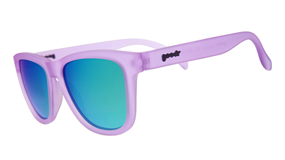 Lilac It Like That!!! goodr sunglasses with frosted purple frames and reflective teal lenses.
