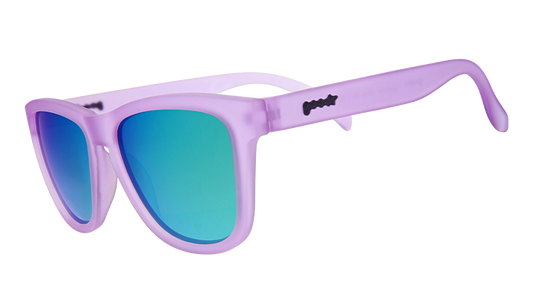 Lilac It Like That!!! goodr sunglasses with frosted purple frames and reflective teal lenses.