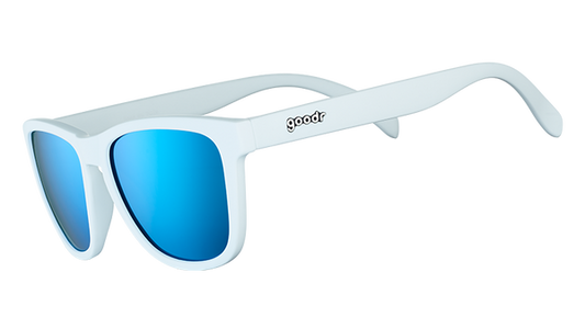 Iced by Yetis goodr sunglasses with light blue frames and bright blue mirrored lenses on a white background.