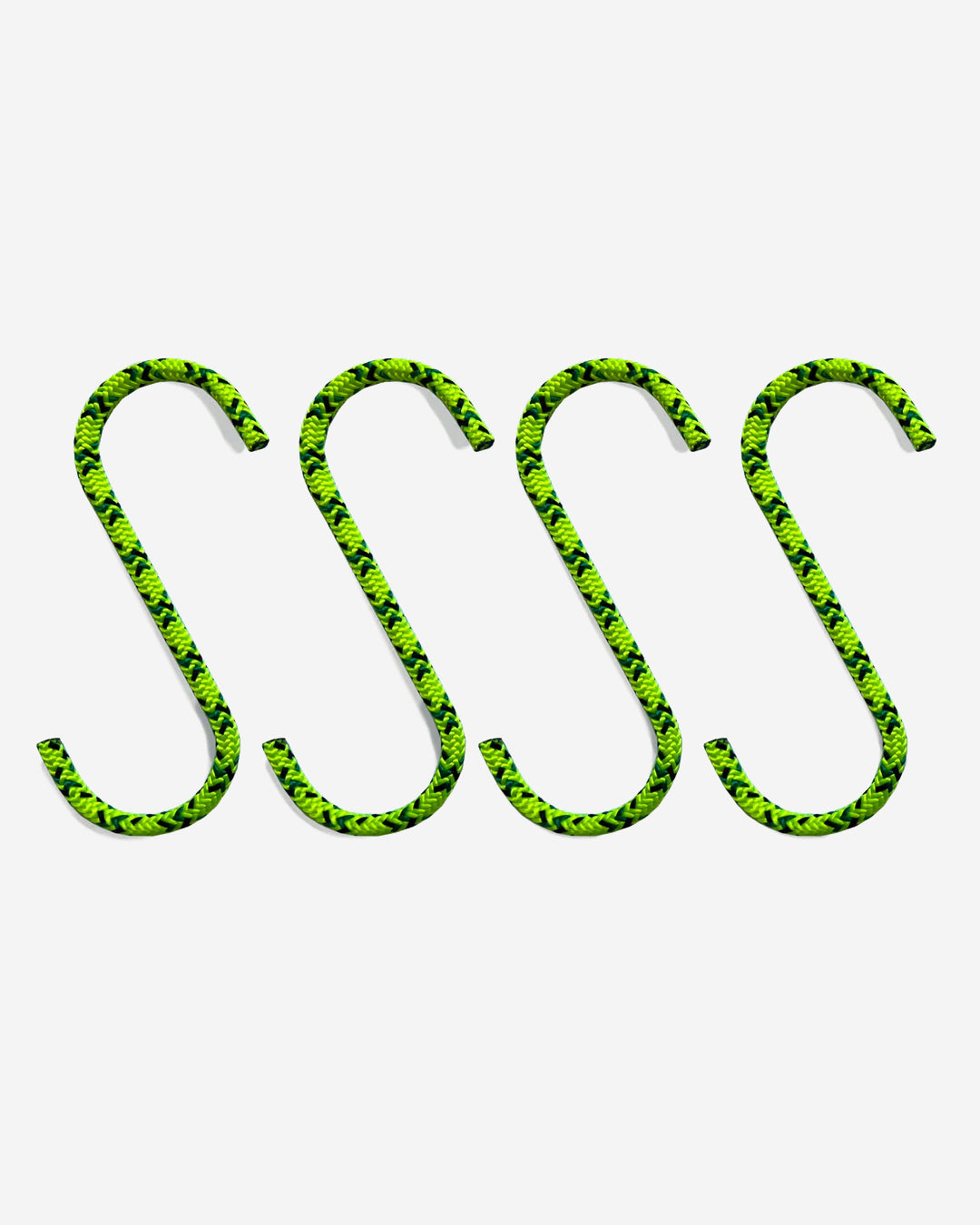Media Mercantile Utility Hanging Hooks 4 Pack. Four neon green and black patterned rope S-hooks for hanging items.