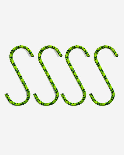 Media Mercantile Utility Hanging Hooks 4 Pack. Four neon green and black patterned rope S-hooks for hanging items.