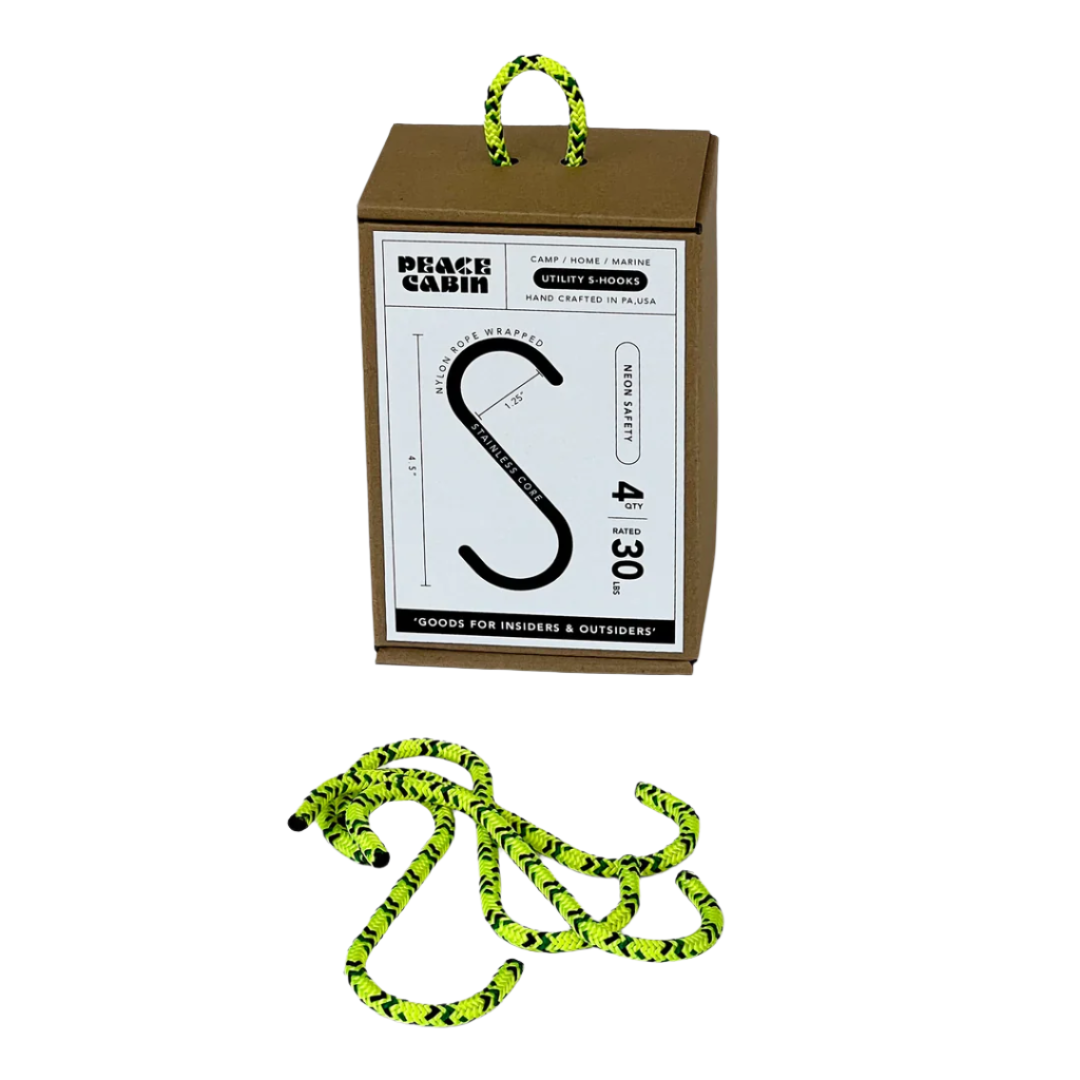Media Mercantile Utility Hanging Hooks 4 Pack: neon green & black rope-wrapped S-hooks, with Peace Cabin packaging.