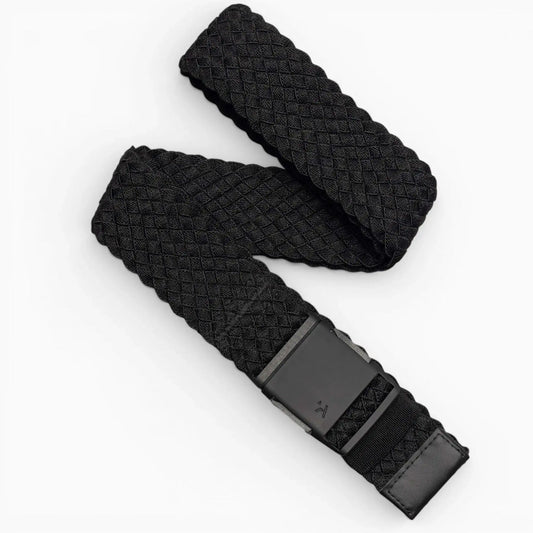 Black Arcade Belts Futureweave Stretch Belt, featuring a unique woven texture and matte black buckle with a small logo.