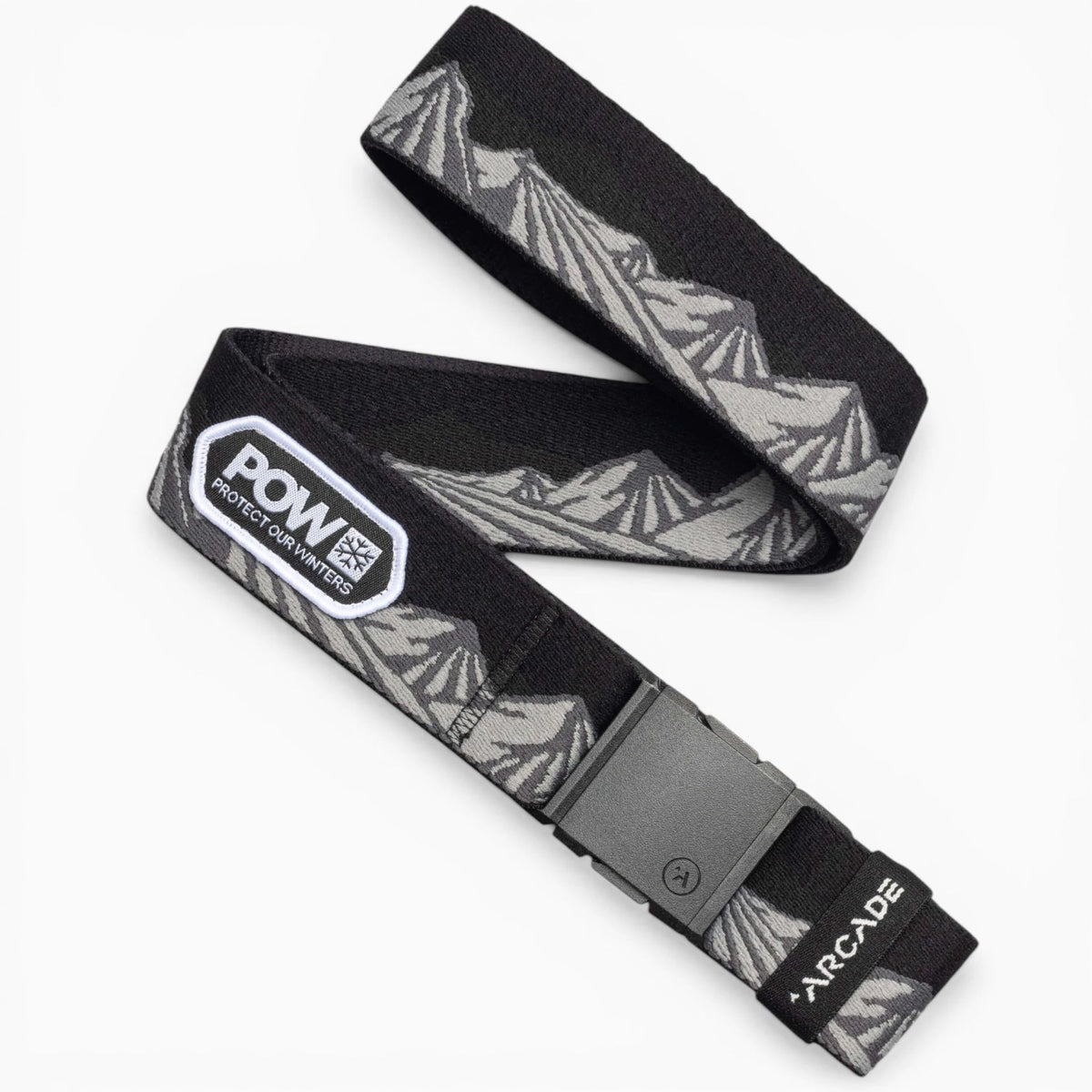 POW x Joseph Toney Arcade Belt in black with gray mountain design and a gray buckle, featuring POW and Arcade logos