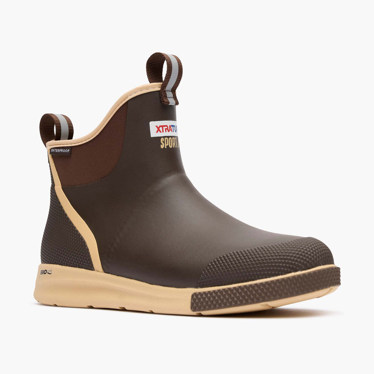 Men's Ankle Deck Boot Sport - Brown | XTRATUF. Waterproof ankle boot with tan sole, reflective pull tab, and BIO-LITE.