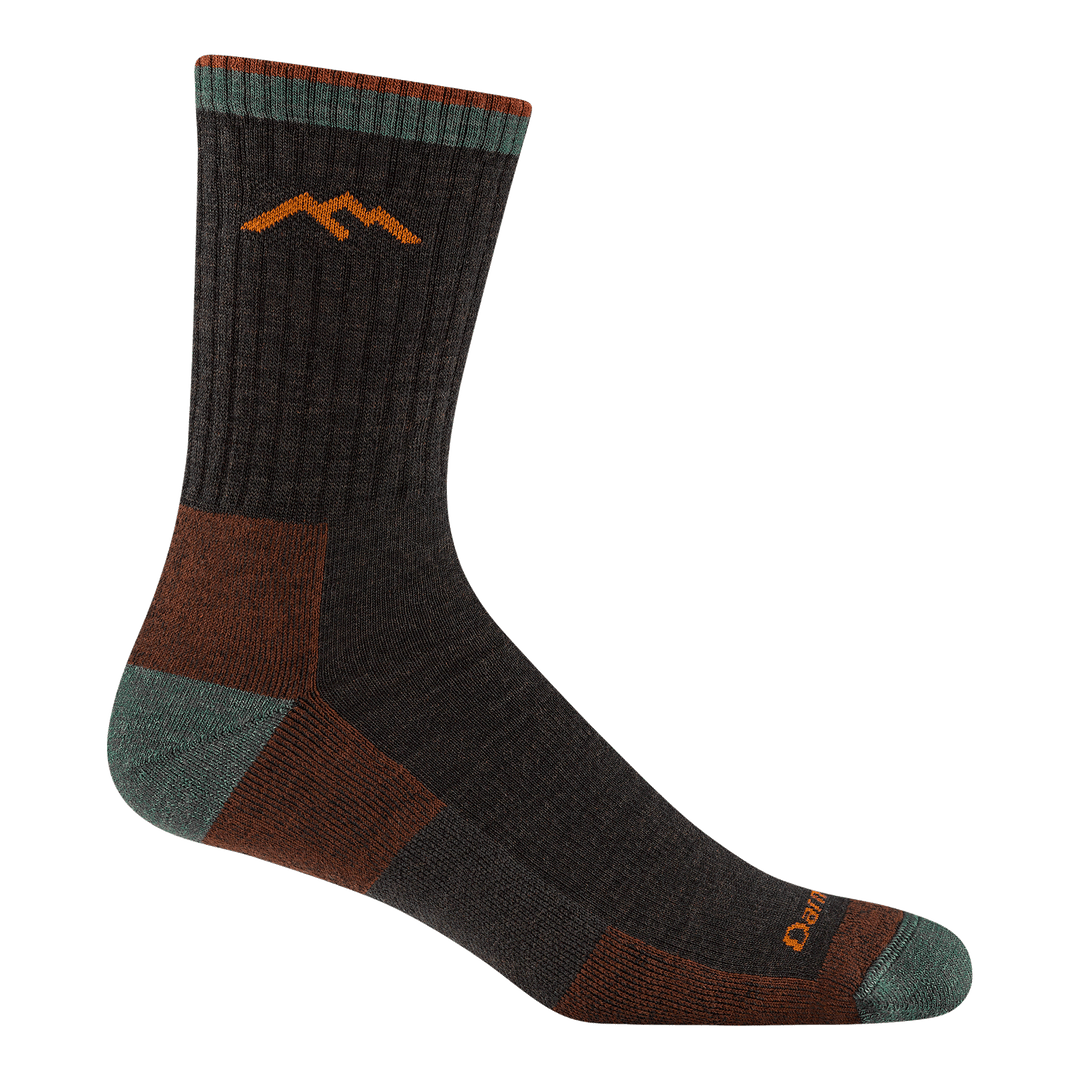 Men's Hiker Micro Crew Socks by Darn Tough in dark gray with brown and green accents and mountain logo