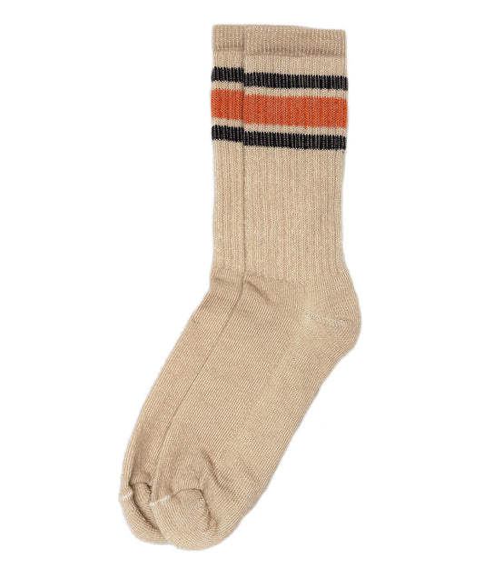 Merino Activity Quarter Crew socks by American Trench, beige with black and orange stripes, athletic style.