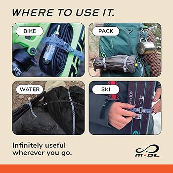 Infinity Tools 4-Pack | MODL silicone straps securing bike gear, backpack items, water sports equipment, and skis.