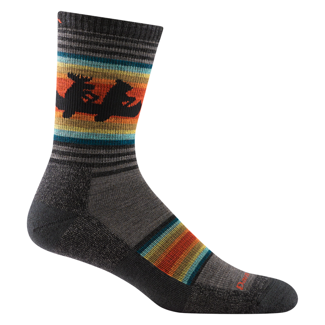 Darn Tough Men's Willoughby Micro Crew charcoal sock with colorful horizontal stripes and a black moose pattern