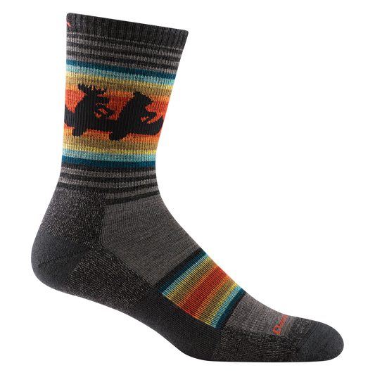 Darn Tough Men's Willoughby Micro Crew charcoal sock with colorful horizontal stripes and a black moose pattern