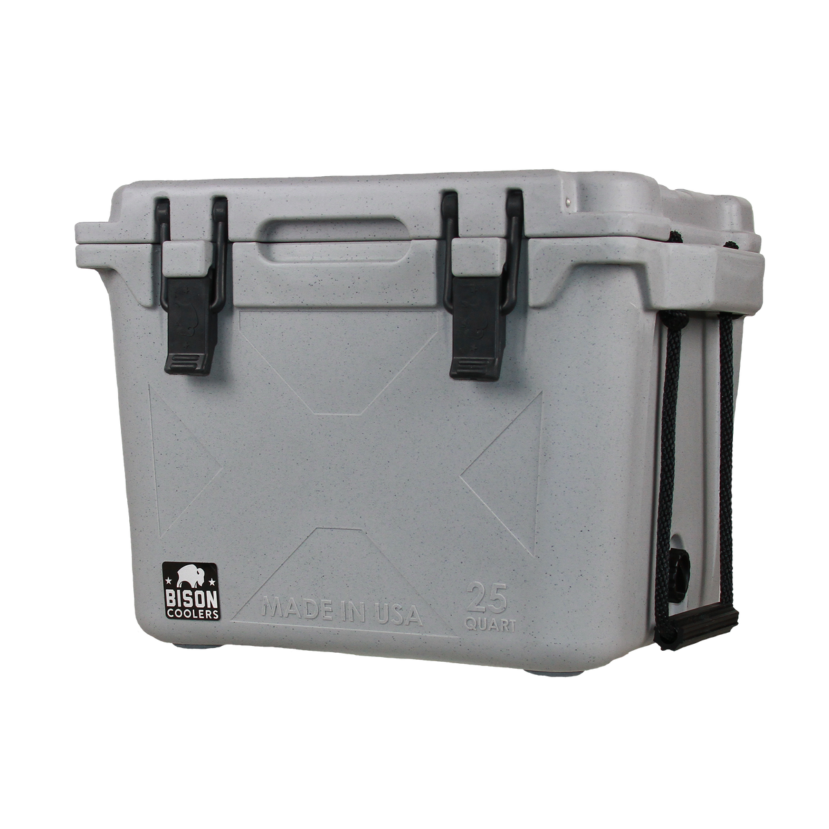 Light gray speckled 25 QT Bison Cooler by Bison Coolers with black latches and rope handles. Made in USA.