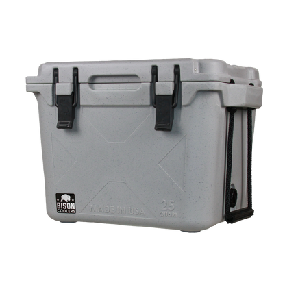 Light gray speckled 25 QT Bison Cooler by Bison Coolers with black latches and rope handles. Made in USA.