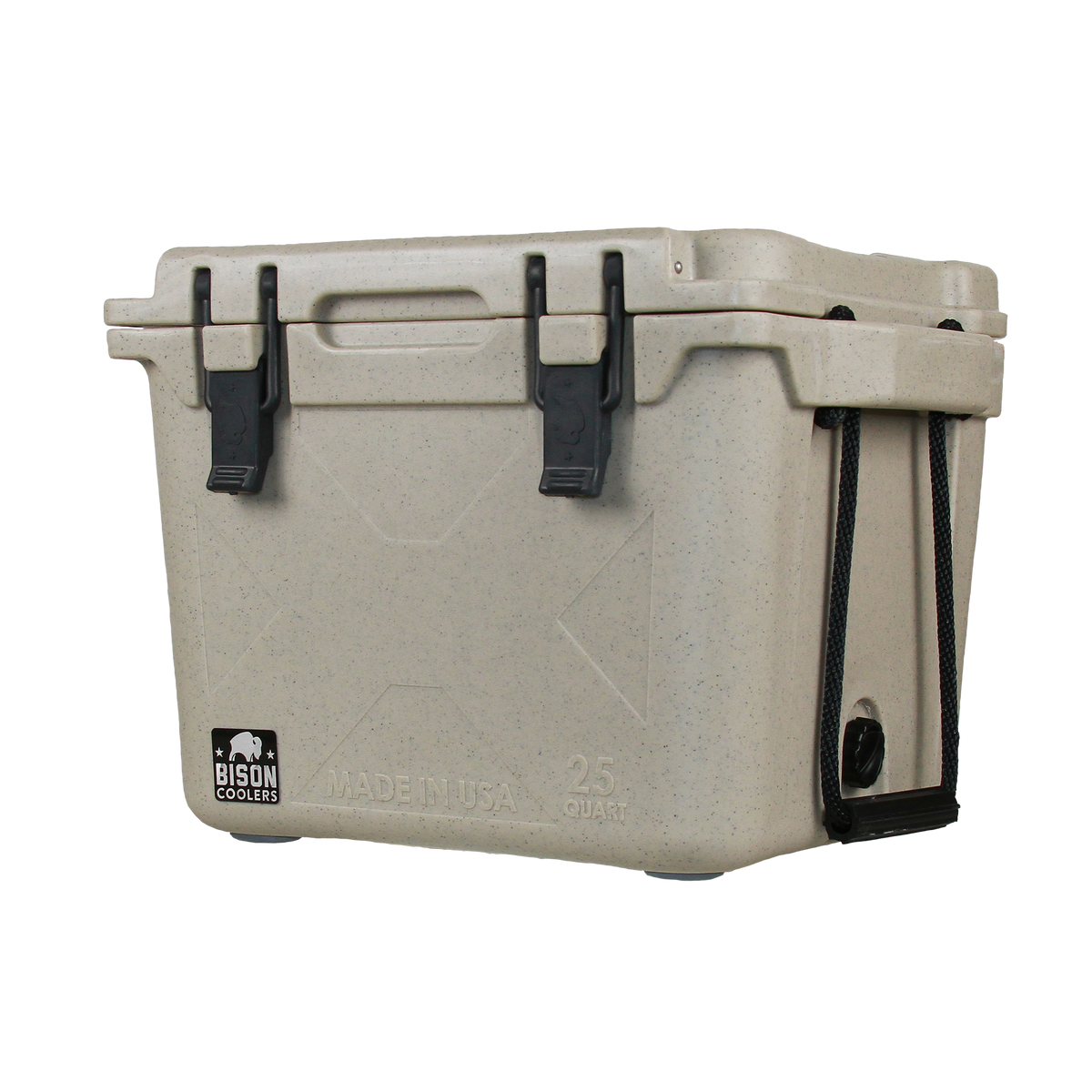 Tan 25 QT Bison Cooler by Bison Coolers with black latches and rope handles. Made in USA.
