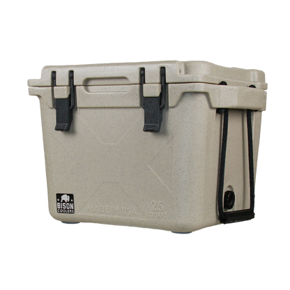 Tan 25 QT Bison Cooler by Bison Coolers with black latches and rope handles. Made in USA.