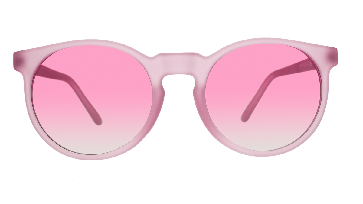 goodr Mauve Mood Board sunglasses with matte pink frames and pink gradient lenses on a black background.
