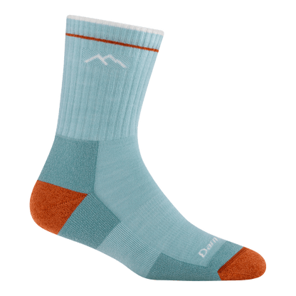 Darn Tough Women's Hiker Micro Crew Sock in aqua, with rust orange heel/toe, white stripe, and mountain logo.