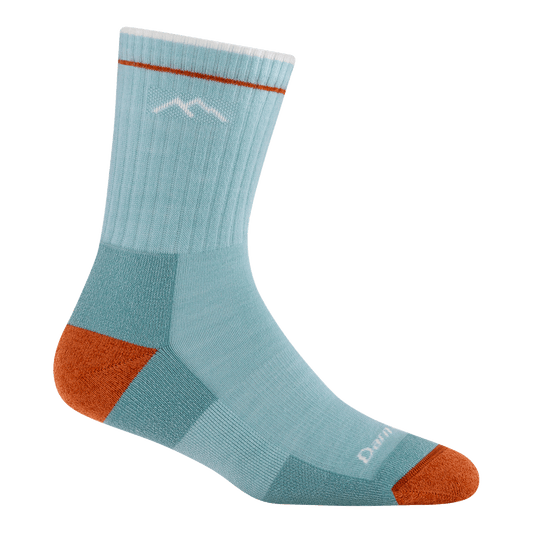 Darn Tough Women's Hiker Micro Crew Sock in aqua, with rust orange heel/toe, white stripe, and mountain logo.