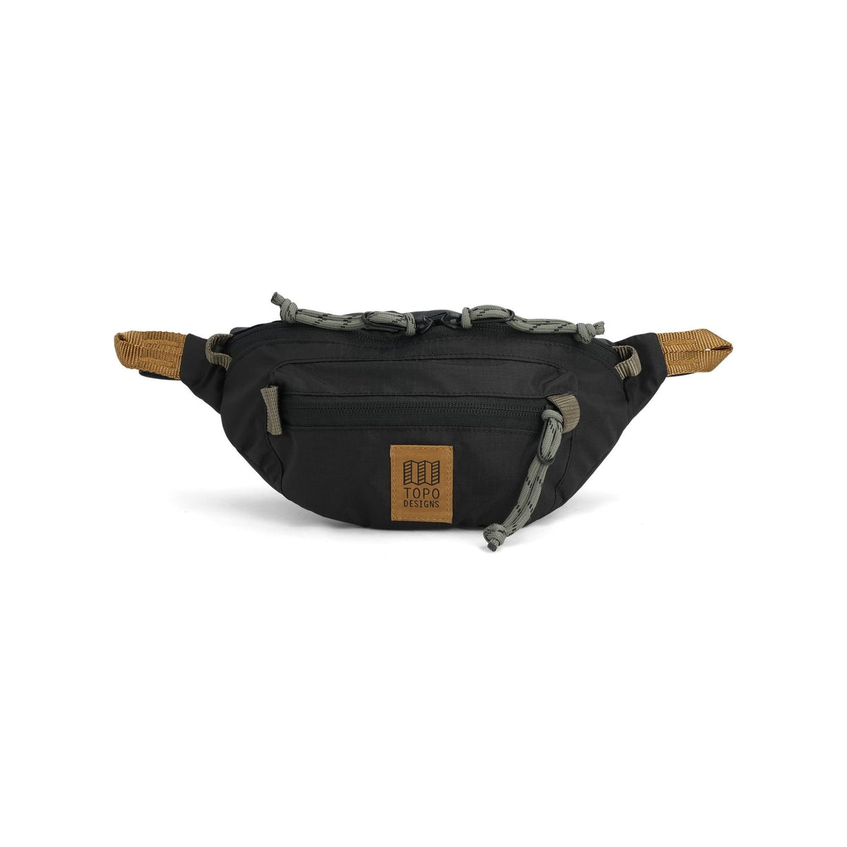 Black Topo Designs Mountain Waist Pack with grey cords and khaki details, isolated on a white background.