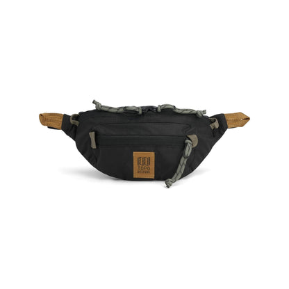 Black Topo Designs Mountain Waist Pack with grey cords and khaki details, isolated on a white background.