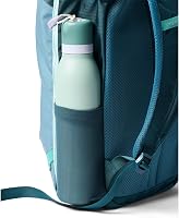 Cotopaxi Allpa Mini 20L Travel Pack: close-up of a light green water bottle in the backpack's side pocket.