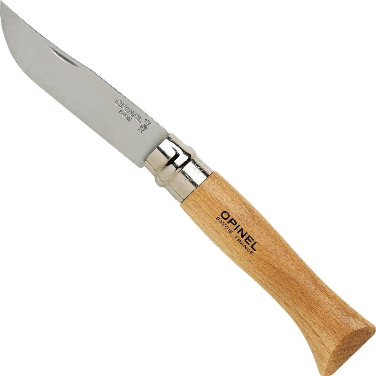 Opinel No.09 Stainless Steel Folding Knife, open, with a light wood handle and visible Opinel branding.