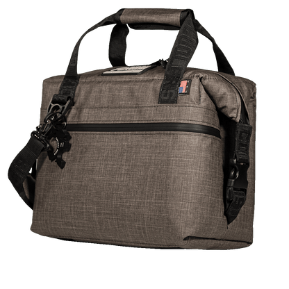 12-Can Hayden SoftPak Cooler from Bison Coolers, gray fabric, with black straps and zipper, angled view.