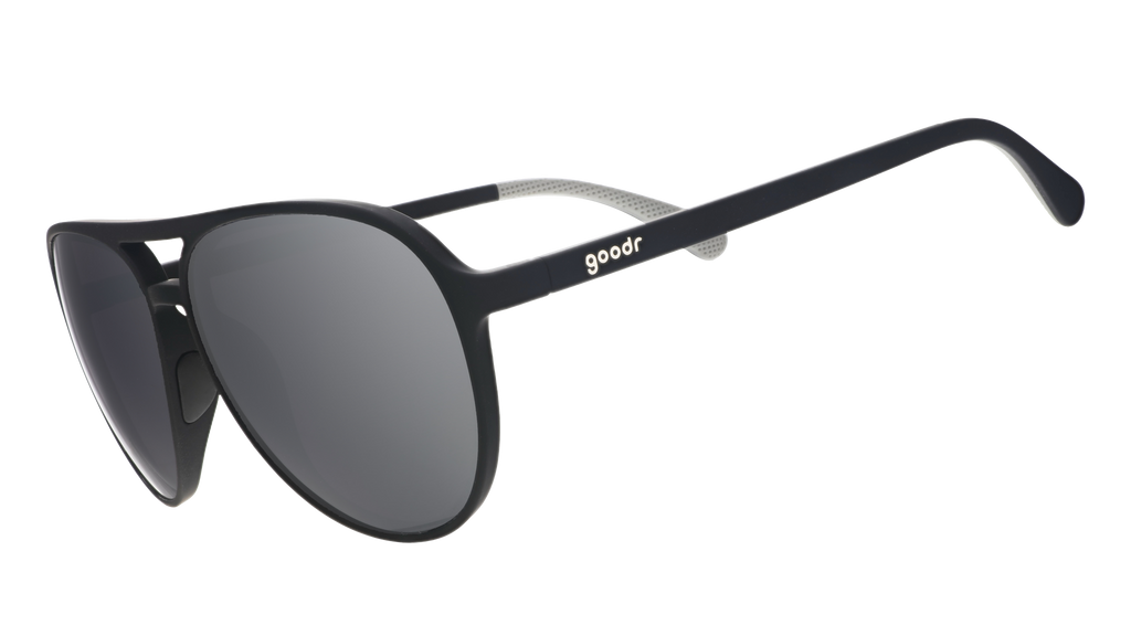 goodr Add the Chrome Package sunglasses with black frames and grey polarized lenses. Stylish aviator design.