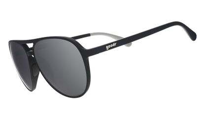 goodr Add the Chrome Package sunglasses with black frames and grey polarized lenses. Stylish aviator design.