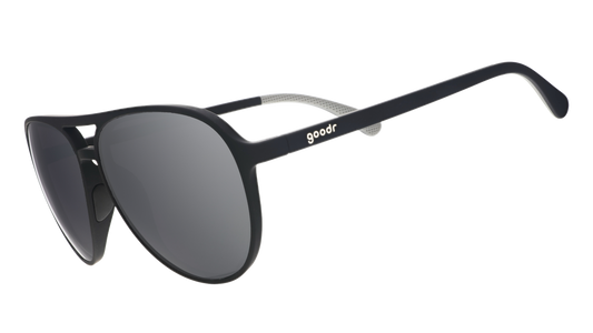 goodr Add the Chrome Package sunglasses with black frames and grey polarized lenses. Stylish aviator design.