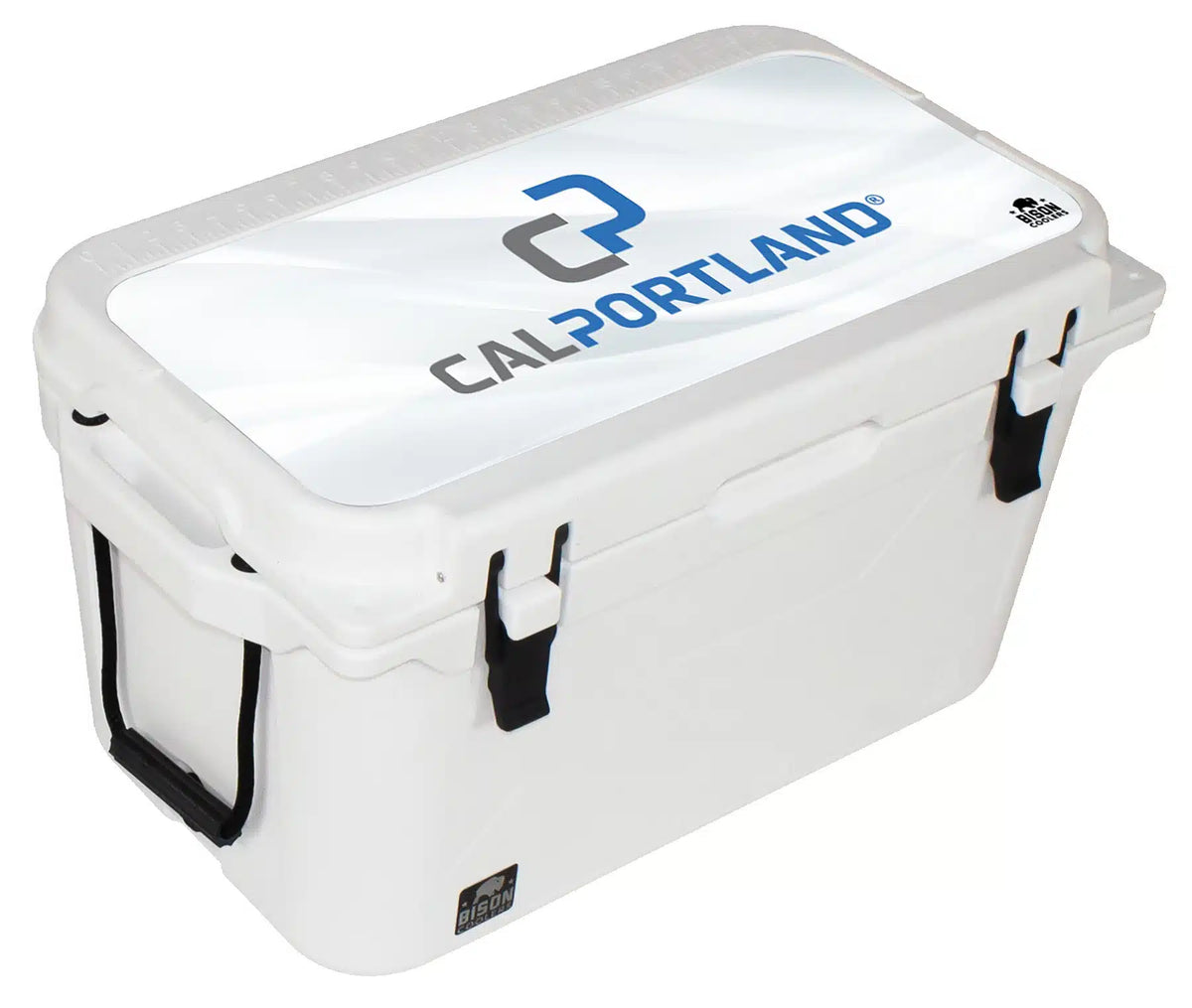 White 50 QT Bison Cooler with CalPortland logo on top, highlighting its durable construction and brand.