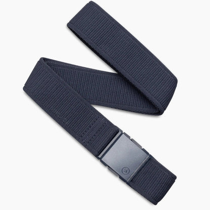 Arcade Atlas Stretch Belt in charcoal, featuring a woven design and a flat grey buckle, presented on a white background.