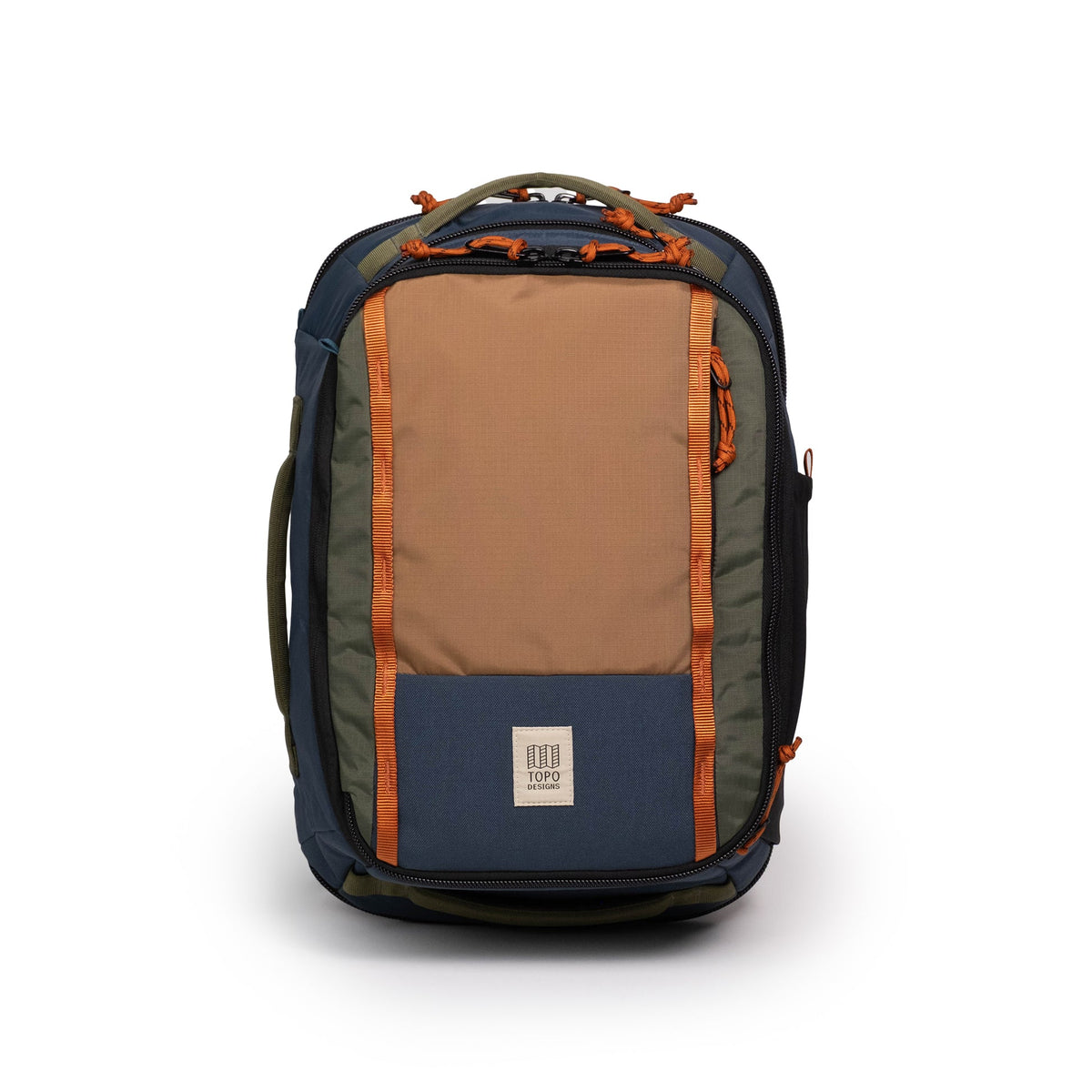 Global Travel Backpack | Topo Designs, front view, multi-colored with blue, tan, green, and orange details.