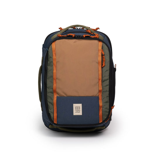 Global Travel Backpack | Topo Designs, front view, multi-colored with blue, tan, green, and orange details.