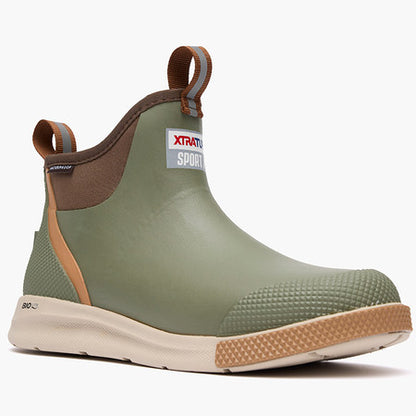 Men's Ankle Deck Boot Sport in Olive by XTRATUF, side view with tan sole and pull tabs.