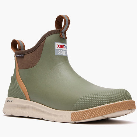 Men's Ankle Deck Boot Sport in Olive by XTRATUF, side view with tan sole and pull tabs.